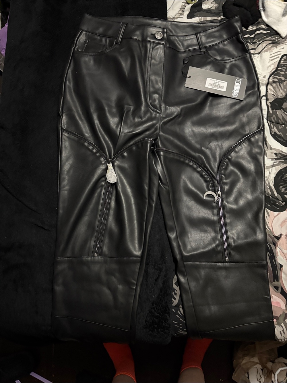 Black Faux Leather Zip-Detail Pants
